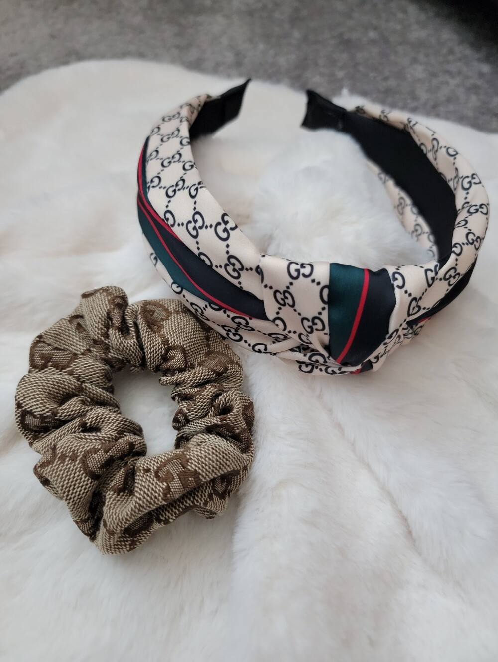 2pcs Ivory Biege & Brown Headband and Scrunchie Set